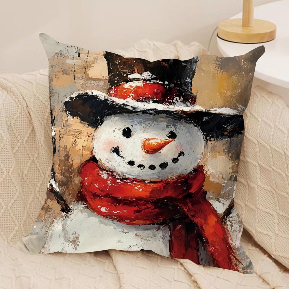 Snowman Oil Paint Retro Cushion Cover Silky Short Plush Invisible Zipper Dustproof Sofa Pillow Case For Home Decor