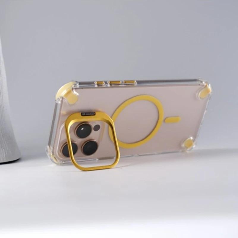 Alloy Camera Stand Holder for Magsafe Phone Case For iPhone 16 Pro Max 15 Pro 14 13 12 11 Airbag Anti-fall Clear Acrylic Cover