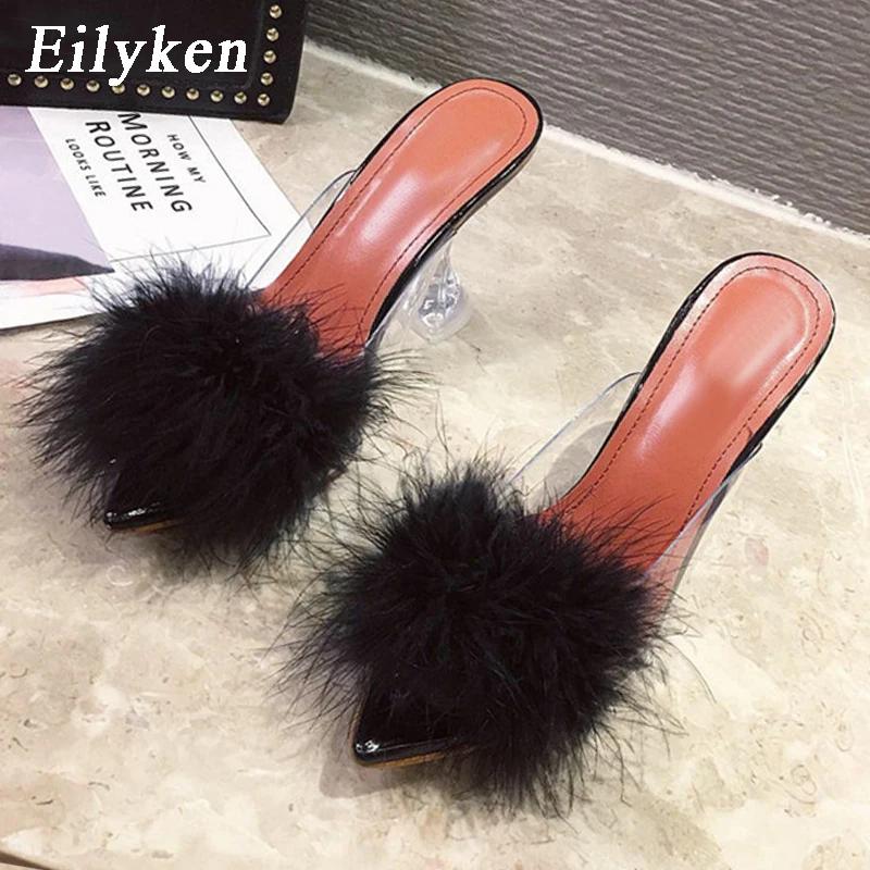 Fashion Eilyken Design White Fluffy Pointed Toe Womens Slippers PVC Transparent Jelly Sandals Perspex Glass Spike Heels Shoes Pumps
