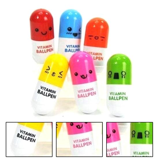 6 Pcs Cute Smiling Face Pill Ball Point Pen Telescopic Vitamin Capsule Ballpen