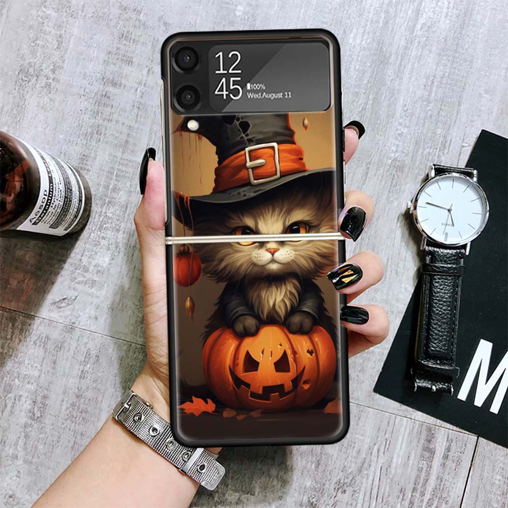 Black Kitten Halloween Pumpkin Cases For Samsung Galaxy Z Flip 4 5 6 7 3 Z Flip7 Flip6 Flip4 Flip5 Flip3 5G Hard Shockproof Fund