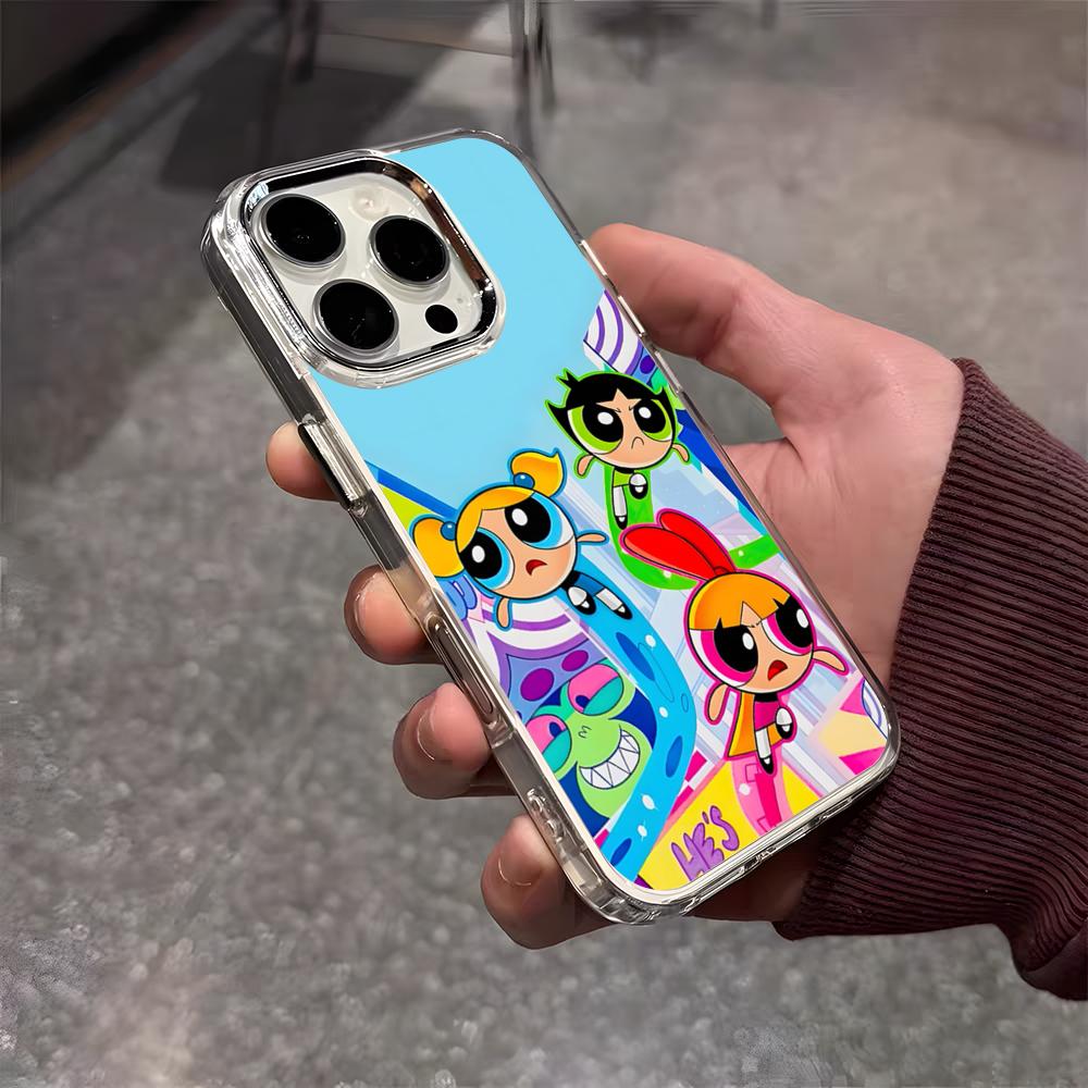The P-Powerpuff Girls Cute Phone Case For IPhone 17 Air 16 E 15 14 13 12 11 Plus Pro Max Electroplated Transparent Soft Shell