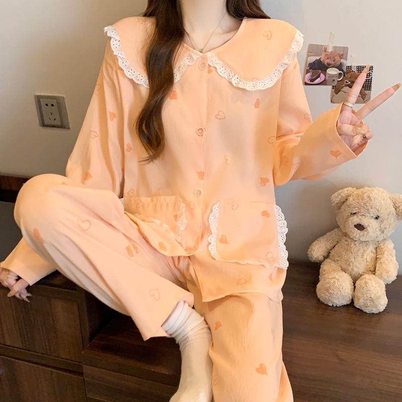 Women's Cartoon Lace Peter Pan Collar Cotton Pajamas - Long Sleeve, Spring/Fall, Winter Style