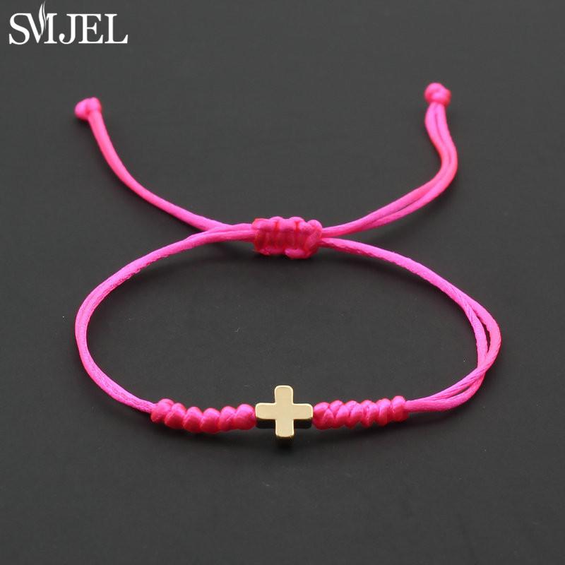 Vintage Tiny Cross Charm Handmade Adjustable Braided Bracelet for Women Lucky Black Red Rope Chain Bracelets New Year Gifts