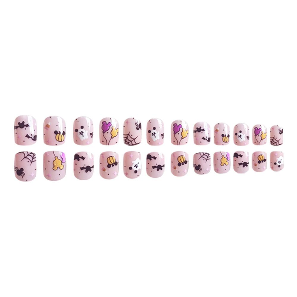 24pcs Press On Nails Halloween Short Square Nails Ears Ghost Pumpkin Balloons Halloween Elements False Nails Finished Wearable Nails Holiday Manicure