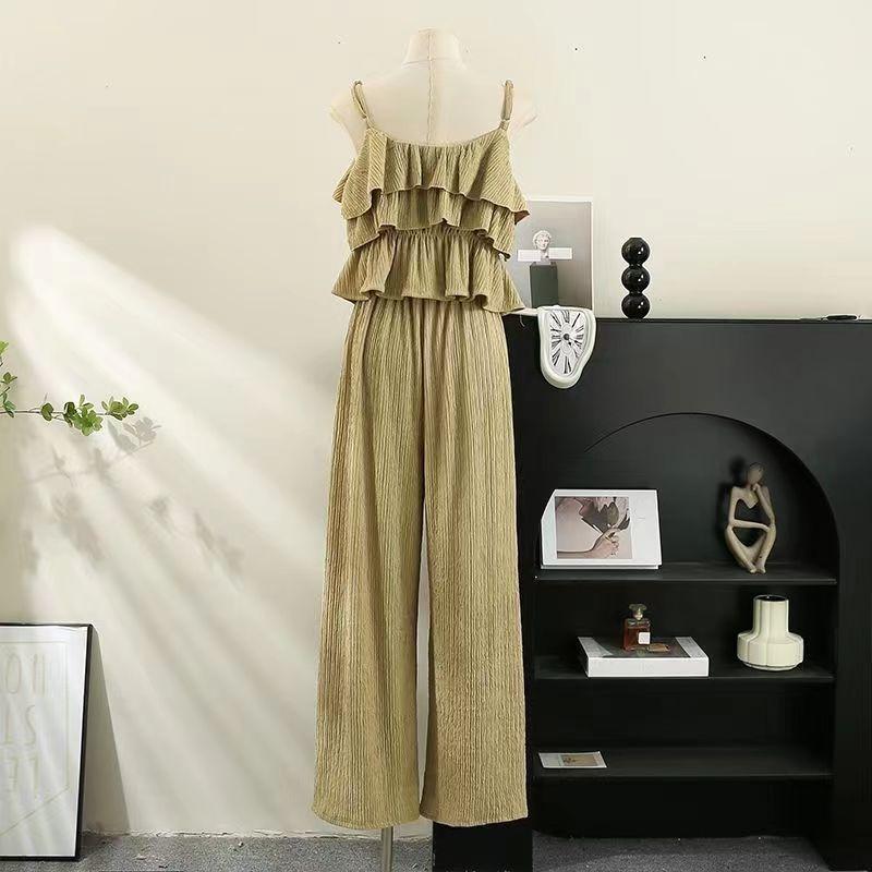 Casual Summer Solid Two Piece New Sets Women Sexy Flounce Tops + Loose High Waist Pants Female Chic Elegant Patchwork Party Beach Suits