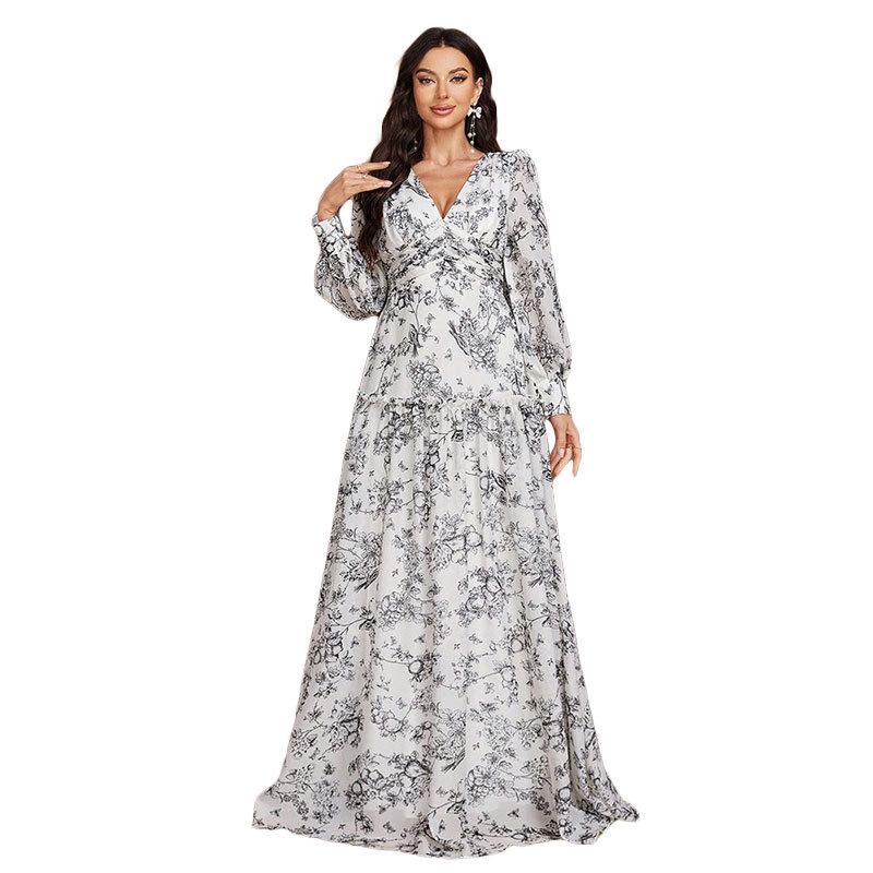 

Women s European & American Fashion Chiffon Print Dress with Casual Back Tie and Long Sleeves for Evening Wear XL білий