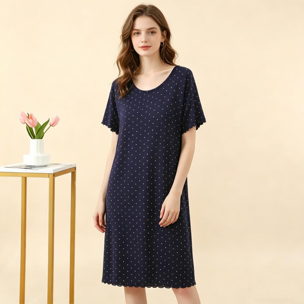 Damen Sommer Modal Pünktchen Rüschen Kurzarm Midi Kleid Übergröße Schmeichelnd Lockerer Schnitt Nachthemd Lässiges Nachthemd Loungewear Kleider