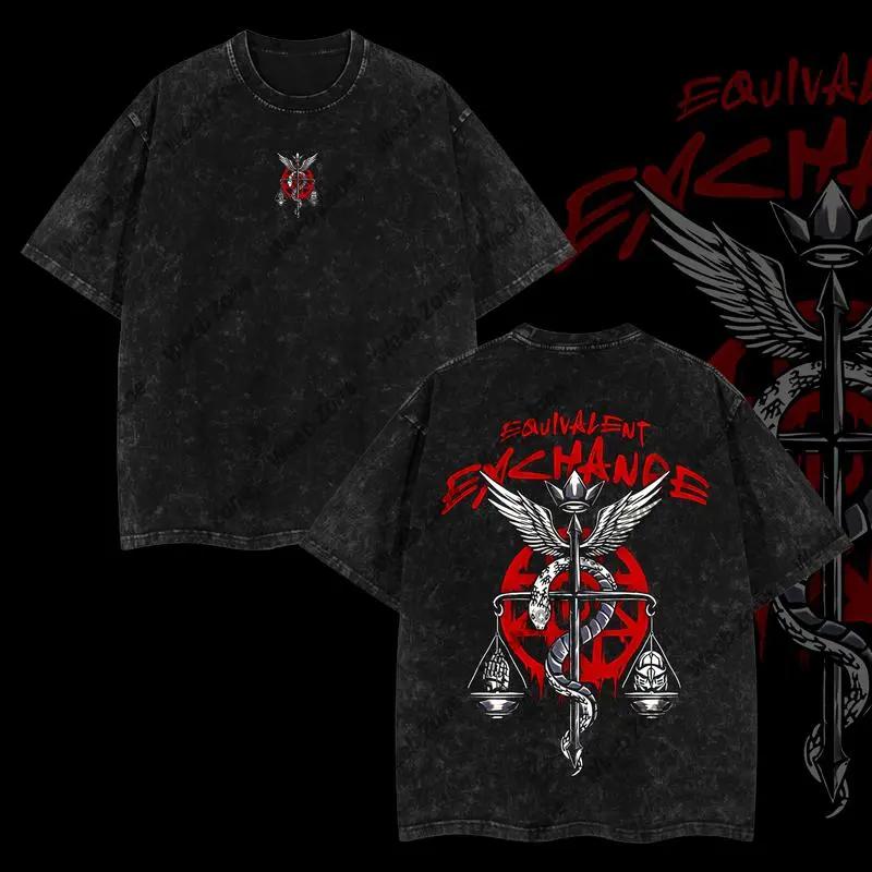 Fullmetal Alchemist Logo Clothing Men Women Short Sleeve Manga T-shirts Vintage Washed T Shirt Casual Cotton Tee Harajuku Tshirt