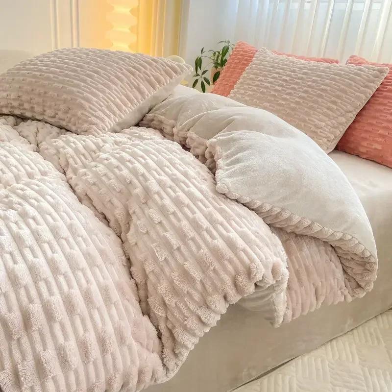 3-4pcs Winter Warm Bedding Sets Duvet Cover Plush Sheet King Twin Queen Size Bed  Flano Coral Fleece Pillowscase Bedding Set