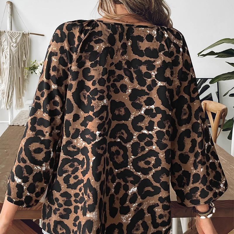 Damen Lässiger Pullover mit Leopardenmuster, V-Ausschnitt, Dreiviertelärm
