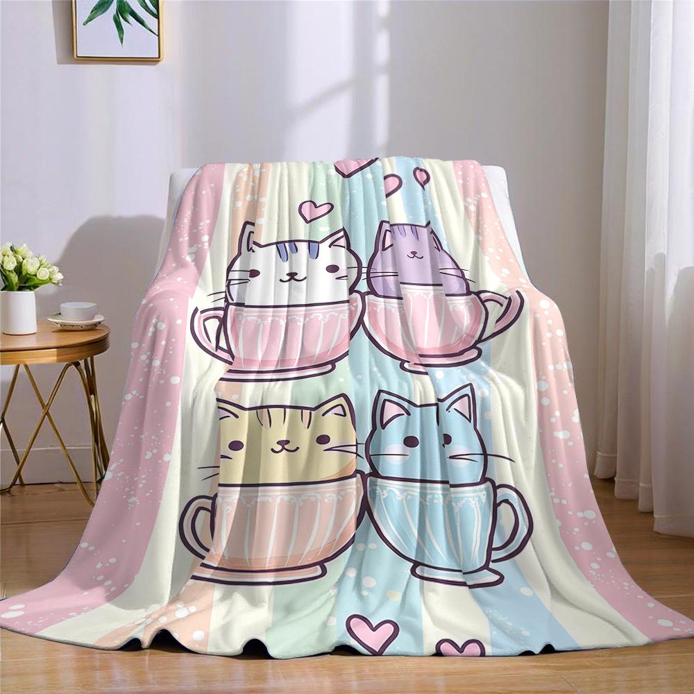 Cup Kitties Flannel Blanket Warm Soft Halloween Christmas Couch Warm Cozy Decorative Decor Gift for All Season