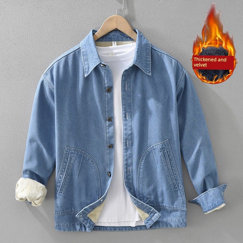 Japanese-Style Original Color Denim Shirt Jacket Men's Casual Coat with Integrated Fleece, Thickened and Warm, Autumn and Winter Style