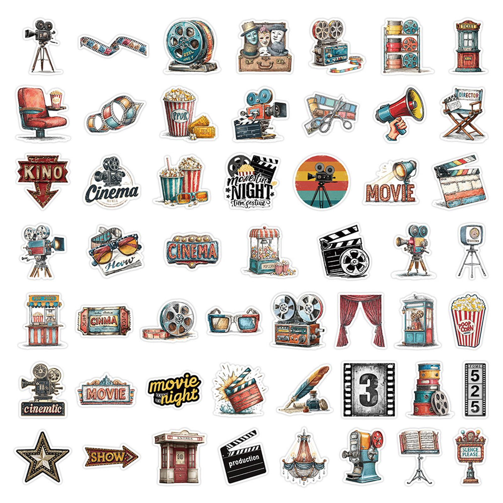 Vintage Movie Night Stickers Set Film Reel Popcorn Director Chair Camera Scrapbooking Supplies for Crafts Journals Laptops Water Bottles One Size