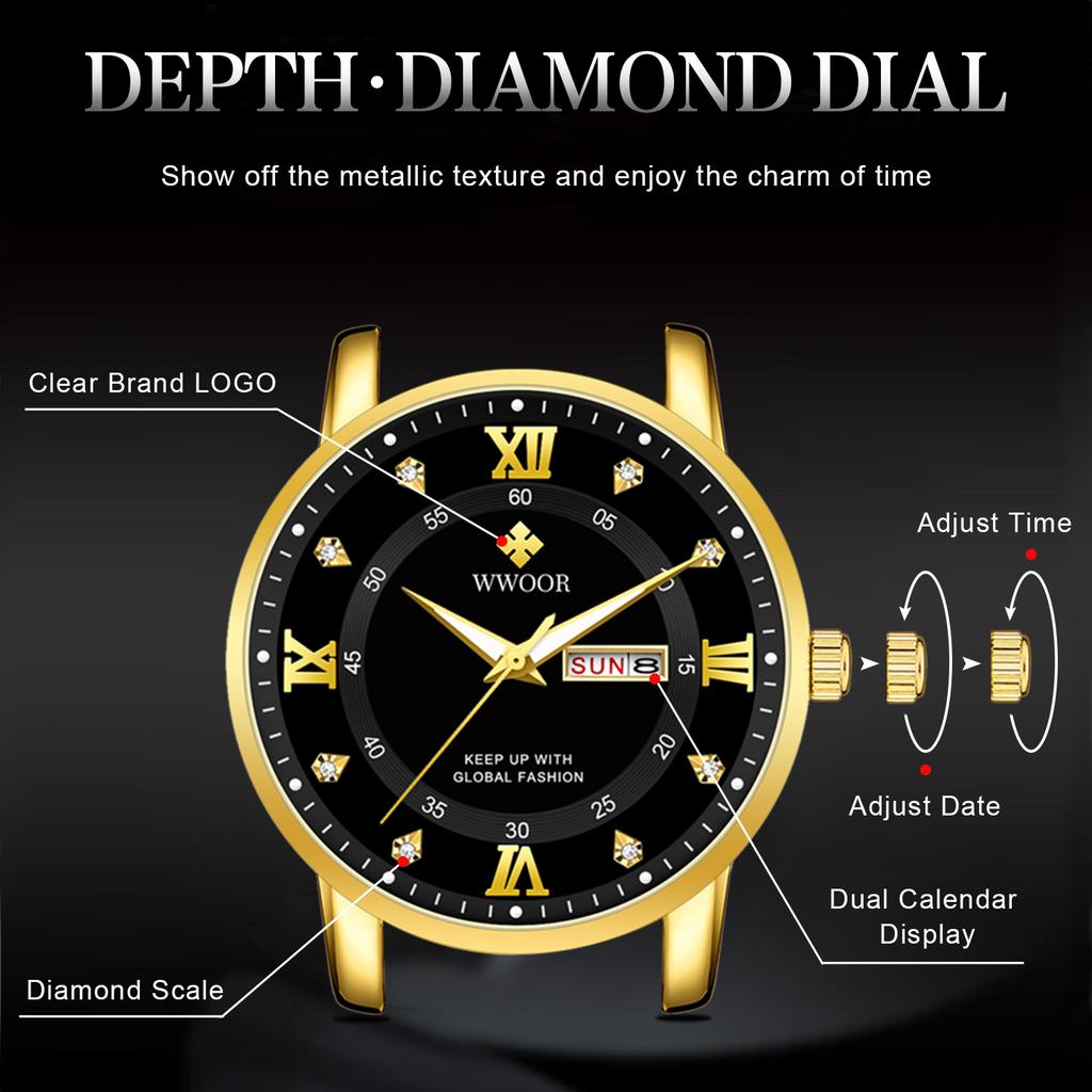 WWOOR Mens Watches Top Brand Luxury Watch For Men Casual Waterproof Luminous Stainless Steel Quartz Wristwatch Relogio Masculino