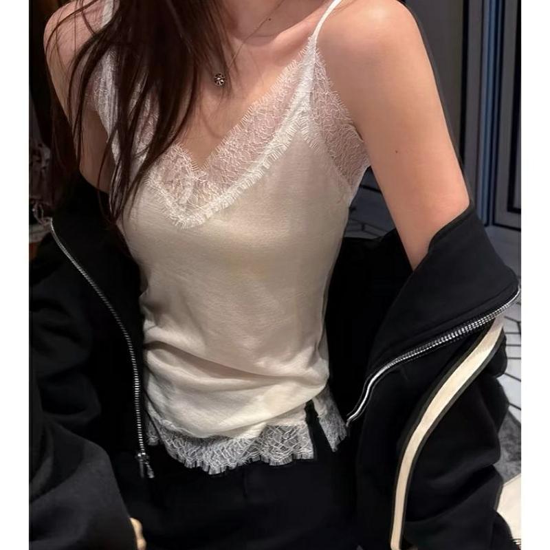 Women's Lace Trim V Neck Camisole Soft Knit Sleeveless Tank Casual Innerwear Daily Layering Top