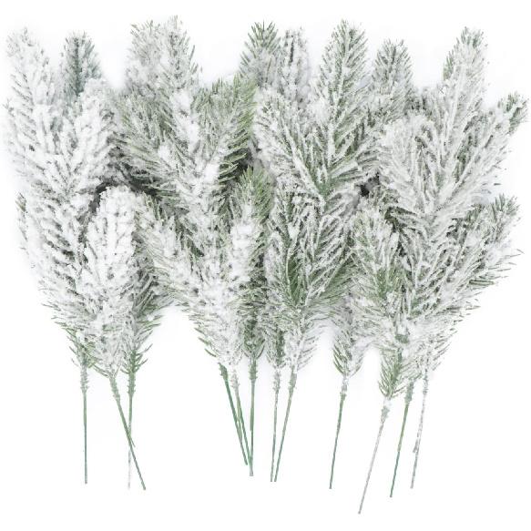 14 Pcs 10Inch Artificial Flocking Pine Picks Snow Forest Artificial Pine Needles Branches Christmas Fake Greenery Tree Branches DIY Leaves for