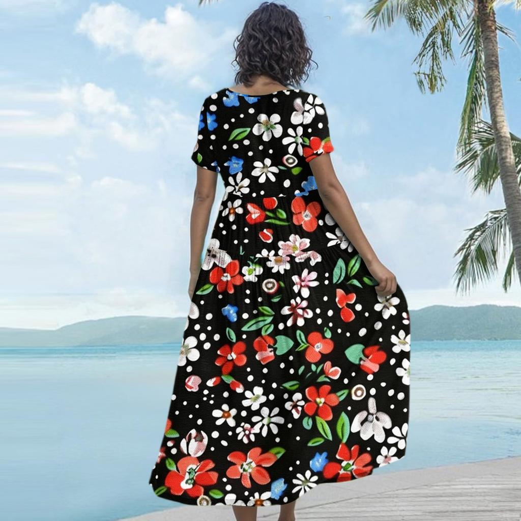 Women's Casual Loose Bohemian Floral Print Short Sleeve Dress