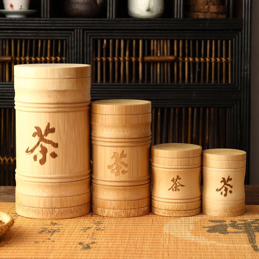 Handmade Bamboo Tea Storage Box Chinese Carved Tea Canister Lid Seal Kitchen Storage Jars Spice Coffee Beans Box Case Organizer