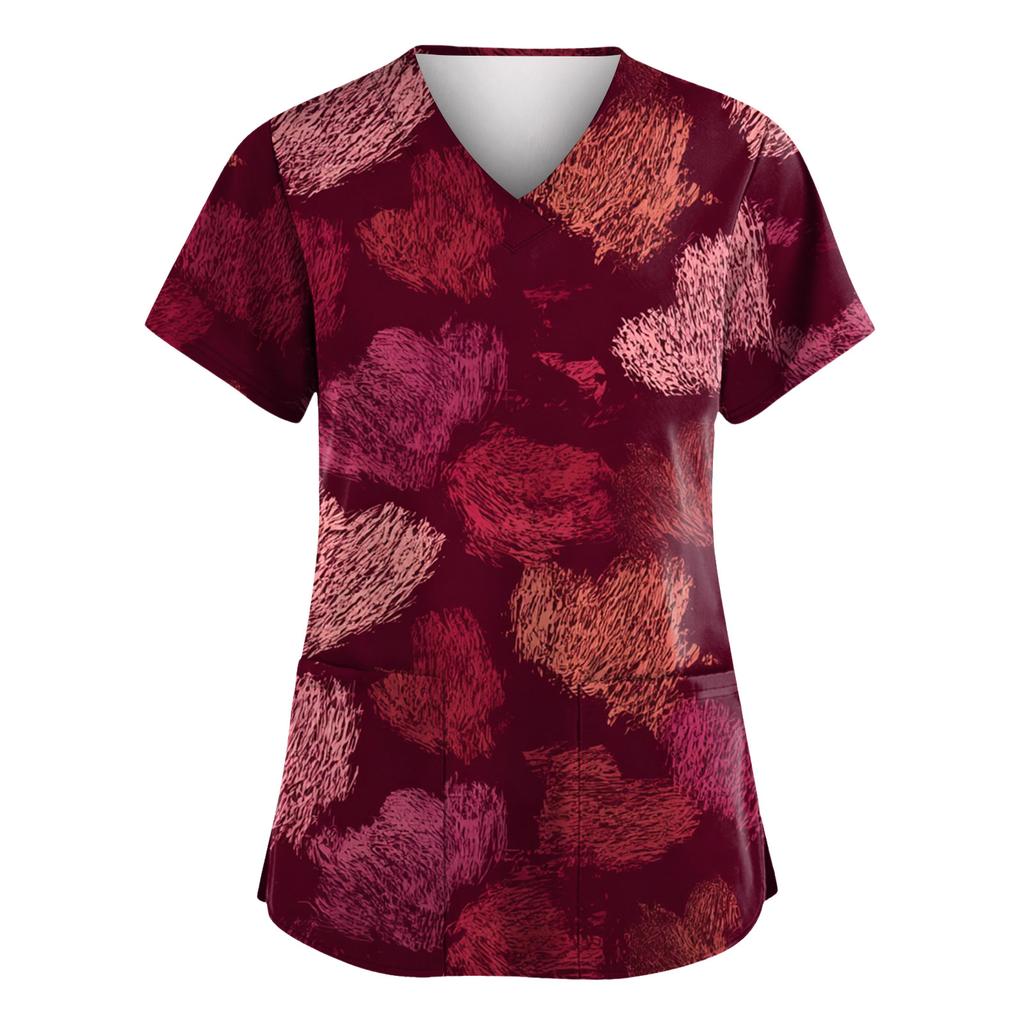 Women V Neck Printed Scrub Top Short Sleeve Uniform with Heart Pattern Two Front Pockets Comfortable Fit