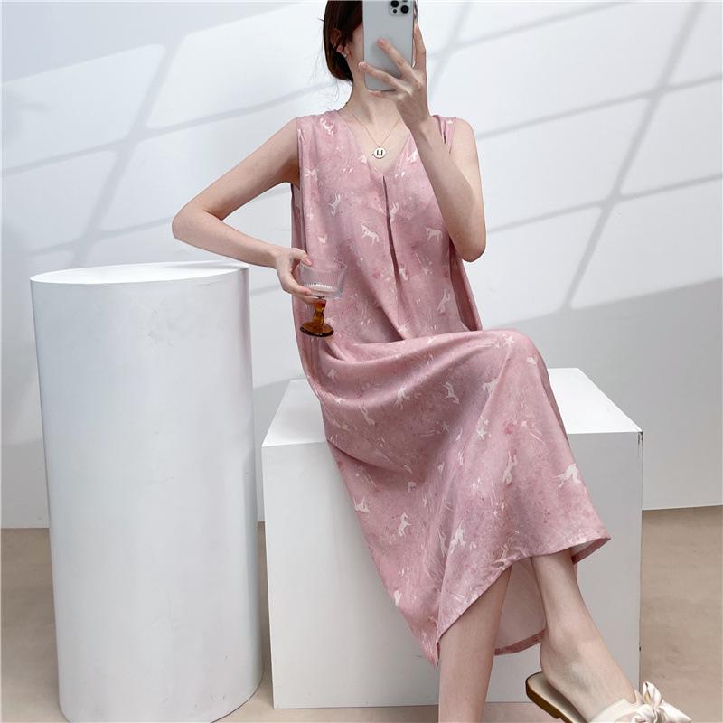 Cotton and silk sleeveless nightdress women's summer thin floral new super good-looking dress medium and long small fresh loungewear