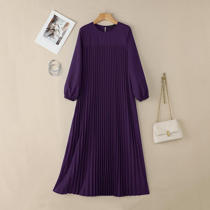 ZANZEA Women Round Neck Long Sleeve Casual Pleated Long Dress