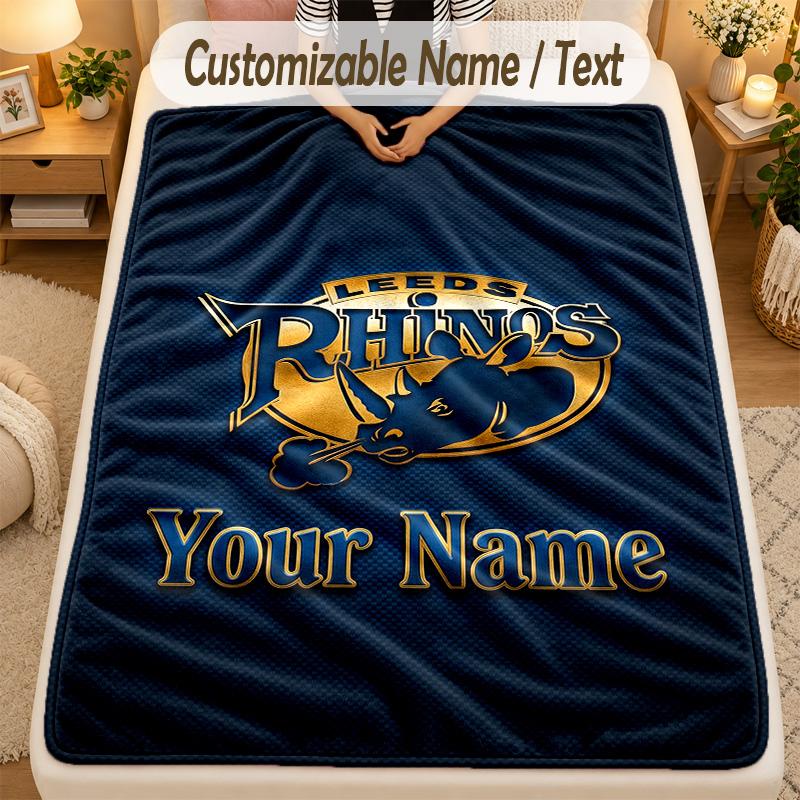 Flannel BlanketLeeds Rhinos Custom Name Text Personalized Soft Warm Throw Blanket Home Decor Gift