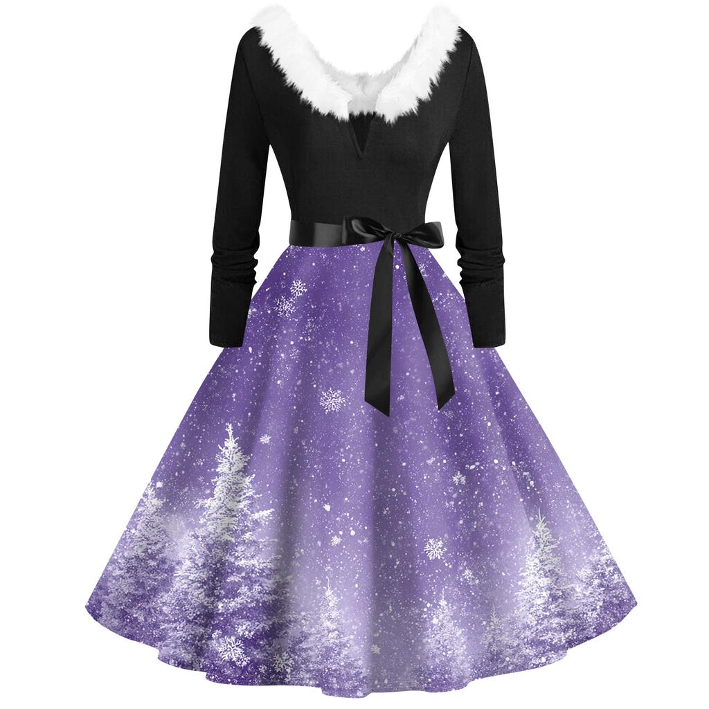 Women's Fashion V-Neck Casual Slim Christmas Printed Long Sleeve Hair Collar Dresses