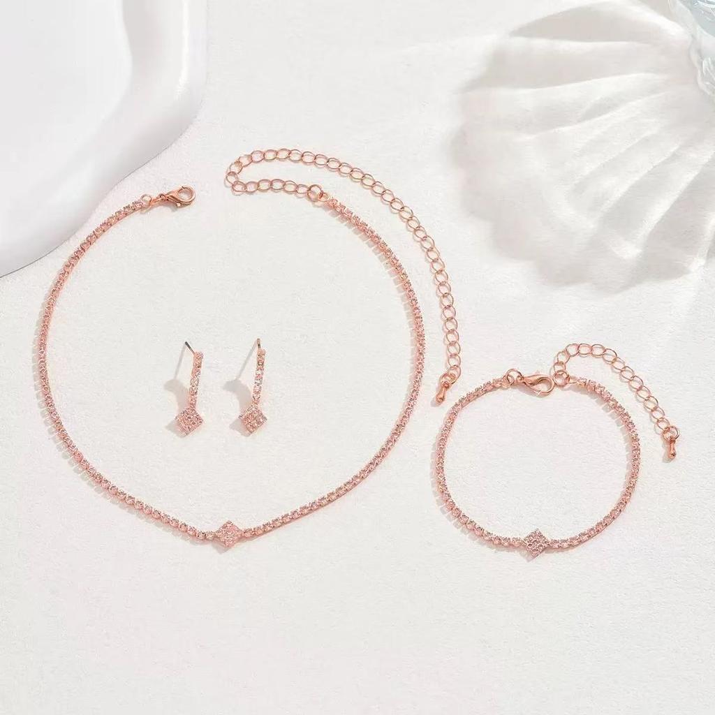 Shiny Rhinestone Necklace and Earrings Set Simple Geometric Trendy Jewelry for Women Silver Gold Rose Gold Black