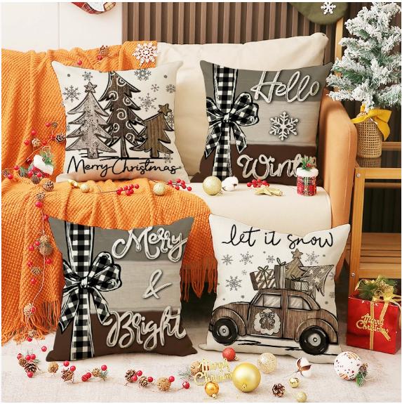 45x45cm Christmas Pillow Covers Set of 4,Winter Decorative Pillow Case, Merry Christmas Tree Cushion for Home Sofa Xmas Decor