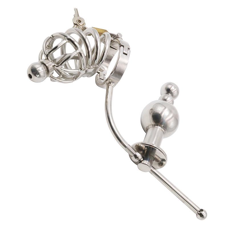 Stainless Steel Chastity Lock with Movable Butt Plug for Slave Training and Male Use