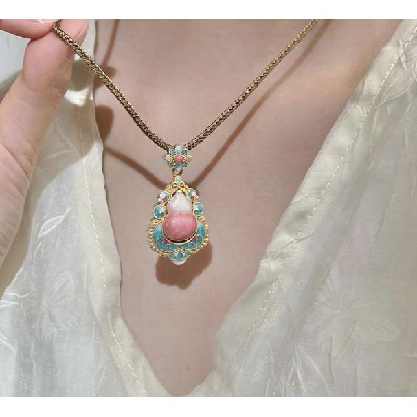 Nafulu Peach Fairy Enamel Gold-Painted Gourd Bracelet for Women, New Chinese Style Vintage Ring Set, Necklace, Pendant