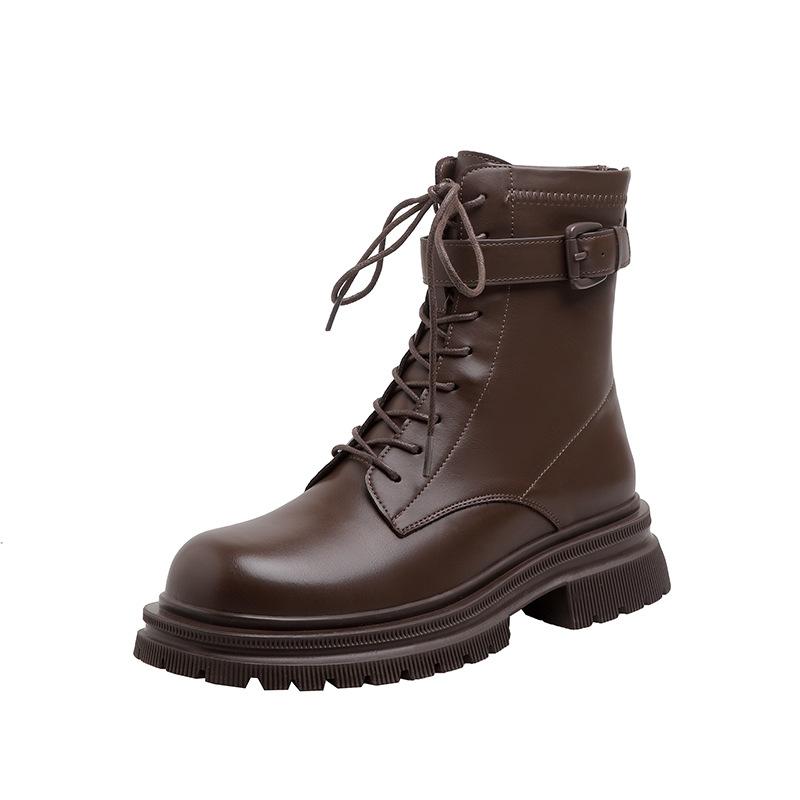 

Ветер кожа толстая подошва ботинки Мартин женские ретро короткие ботинки 2025 осень и зима новые эластичный ремень пряжка рыцарские сапоги 39