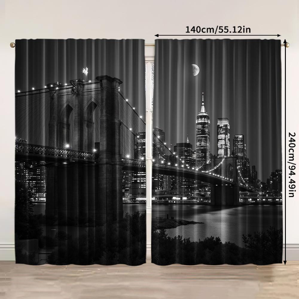 Flat Party Curtain Designer New York City Night View Life Brooklyn Manhattan Fabric Without Curtains Set Of 2 Made Polyester Machine Washable