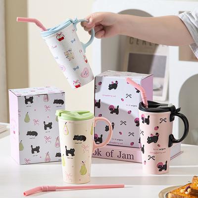 Niedliche Katze Keramik Strohbecher Tasse Hoher Wert Große Kapazität Wasserbecher Büro und Zuhause Mädchen Geburtstagsgeschenk