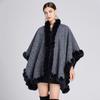 Womens Oversized Knit Cardigan With Faux Rex Rabbit Fur Collar Thick Warm Shawl Cape Batwing Sleeve V-Neck Fall 2025