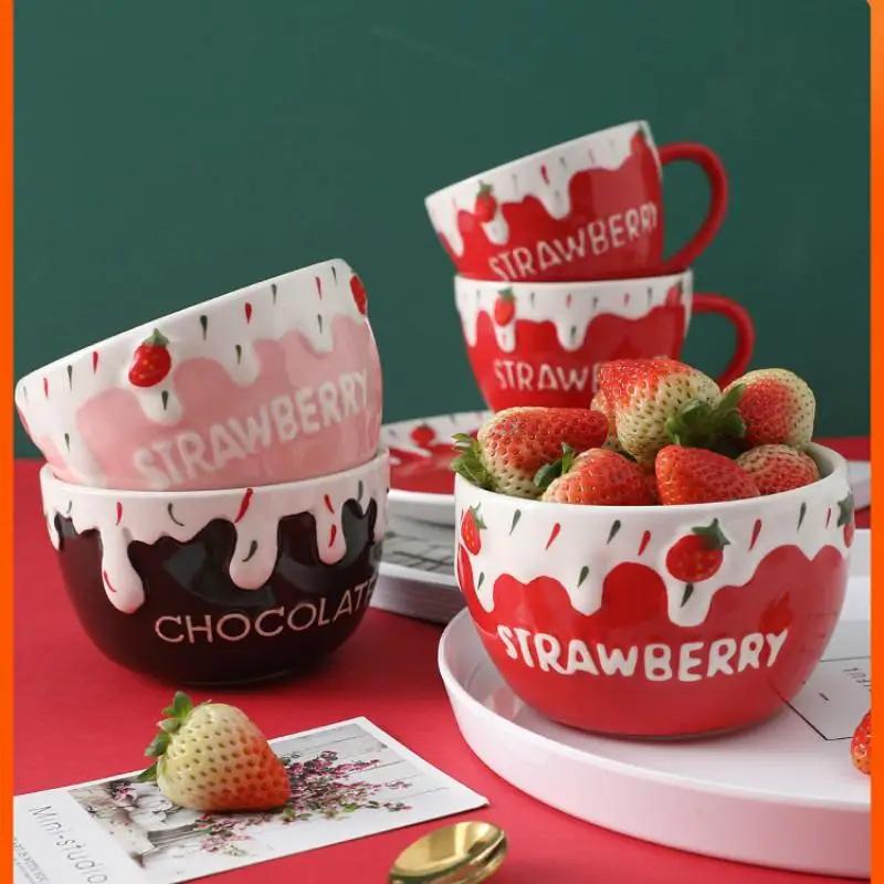 Ceramic tableware salad bowl cute strawberry yogurt bowl dessert fruit Christmas cake bowl home ceramic