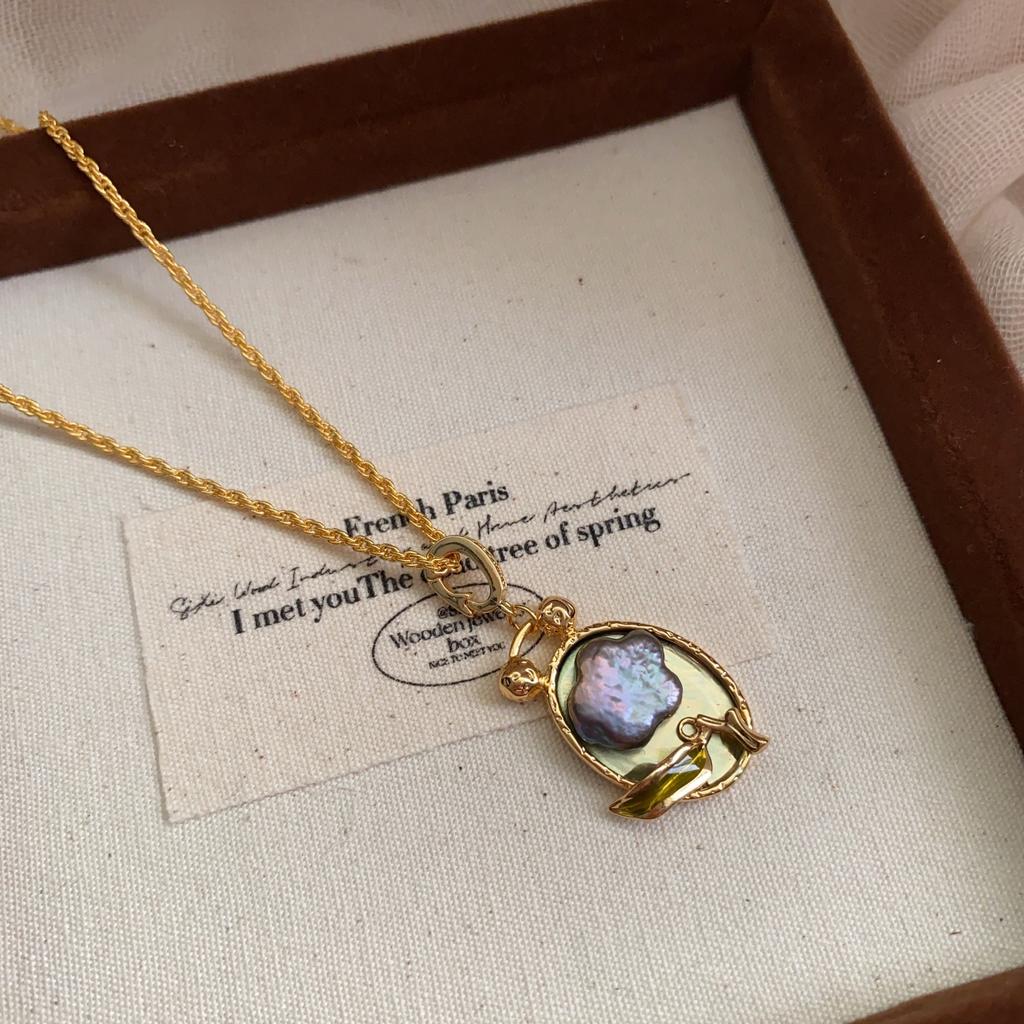Hand Painted Oil French Revival Literary Necklace Baroque Pearl Collarbone Chain Temperament Earrings Baroque Pearl Chain