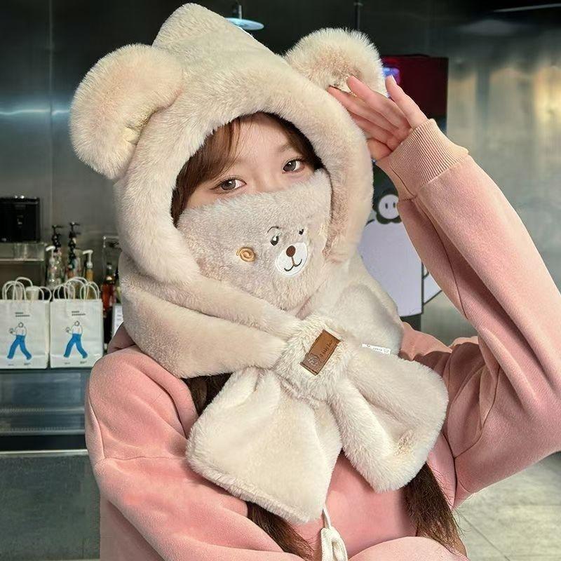 Cute Cartoon Bear Plush Hat Winter Warmth Hat Scarf Glove Face Mask One-Piece Hooded Outdoor Windproof Ear Protection Cap
