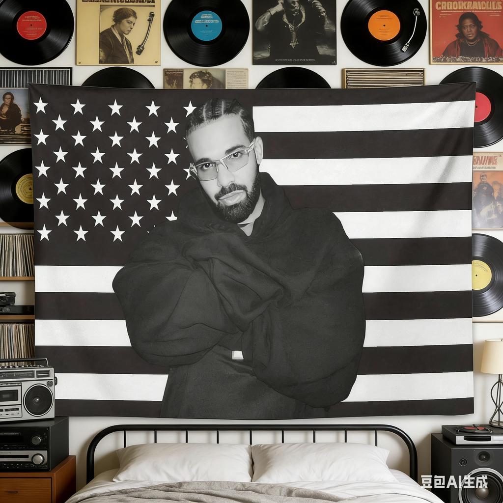 1 Stück Drake Hip Hop Fan Flagge Wandteppich Polyester 2D Wanddekor Schwarz Weiß Amerikanische Flagge Kunst Schlafzimmer Wohnzimmer Studentenwohnheim Wand Hangi