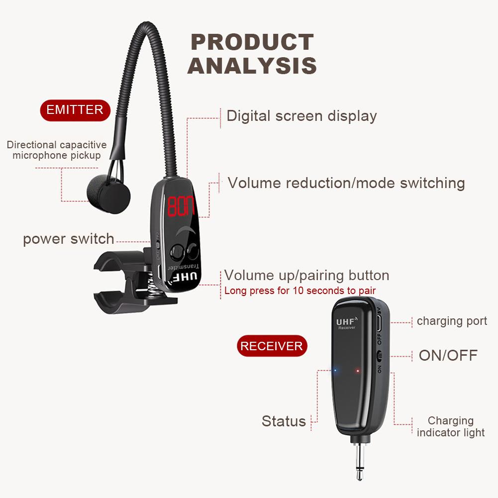 UHF Wireless Instruments Microphone Clip on Wireless Receiver and Transmitter Musical Instrument Microphone for Flute Clarinet