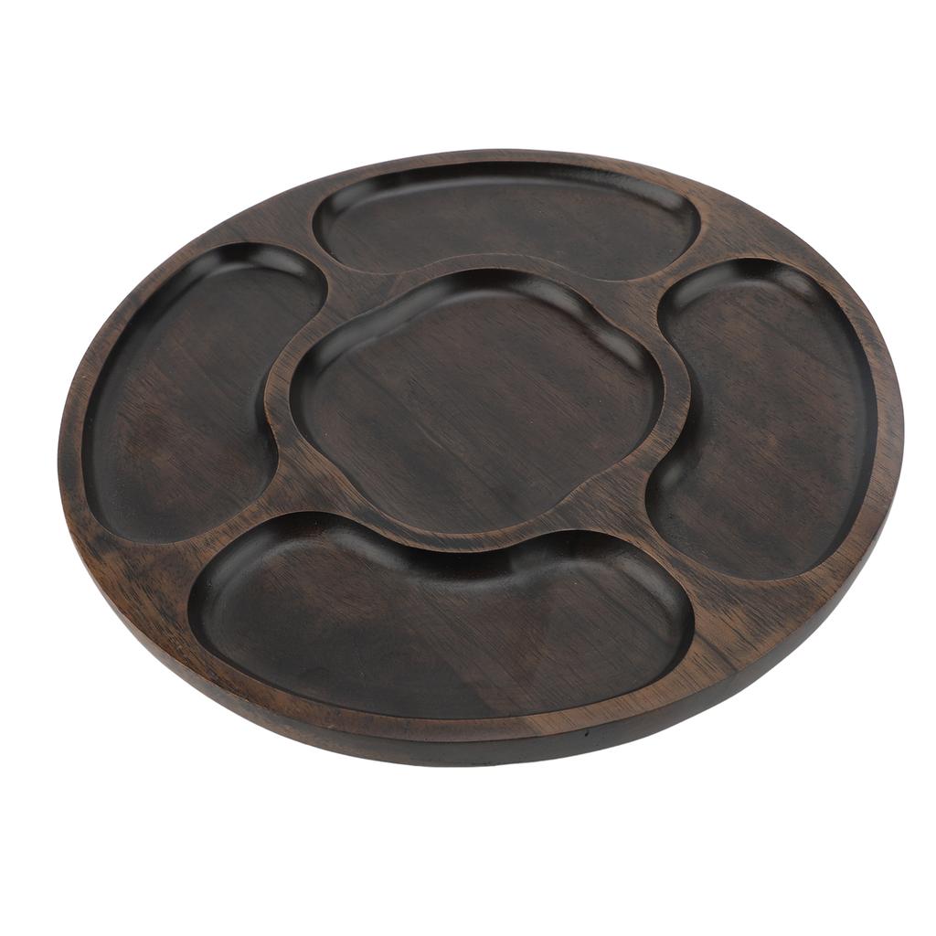 Divided Serving Tray Wood Round Snack Platter Chip and Dip Tray with 5 Compartments for Candy