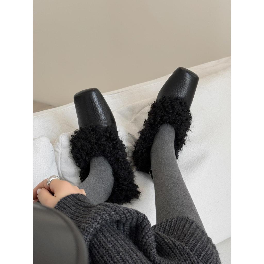 Sheepskin version high-end square head fluffy shoes women's genuine leather velvet warm cotton shoes thickened single shoes Mary Jane small leather