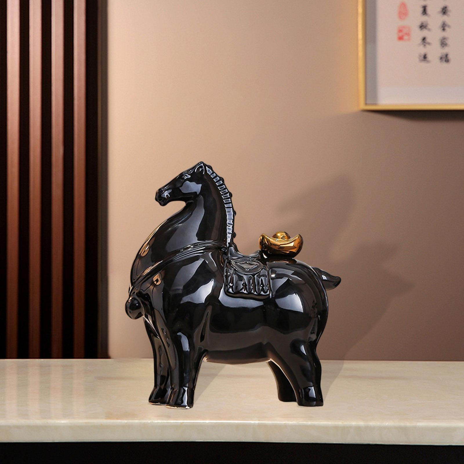 

Horse Figurine Ceramic Statue Chinese Year Gift Souvenir Desktop Ornament Sculpture for Black w Gold Ingot