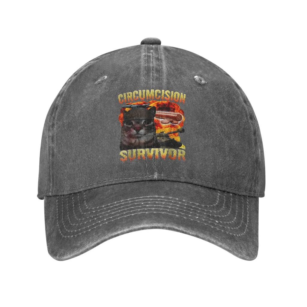 Circumcision Survivor Funny Cat Meme  Baseball Cap Sun Hunting Camping Adjustable Washed Trucker Hat Unisex Women Baseball Caps