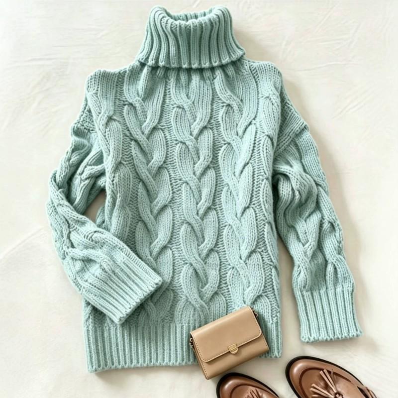 Womens High Neck Long Sleeve Knit Sweater With Twisted Cable Soft Acrylic Loose Fit Casual Fall Winter Fashion