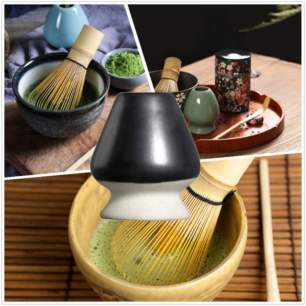 Ceramic Matcha Chasen Stand, Traditional Japanese Matcha Set Accessory (Black and White)