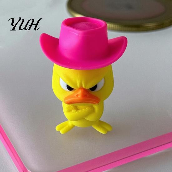 Cute Animal Sculptures Angry Duck Desk Figurine, 3D Printed Yellow Office Decoration with Cowboy Creative Birthday Gifts Hat, Little Ornament for Home