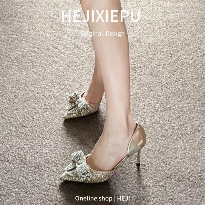 Damskie czółenka na wysokim obcasie z kokardą, cienki obcas, szpiczasty nosek, zdobione cyrkoniami, buty damskie, ślub, styl wróżkowy, bankiet