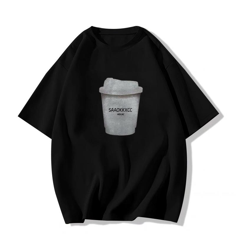 Women's Black Retro Oversized Cotton T-Shirt - Short Sleeve, Straight Shoulder, Summer Trend